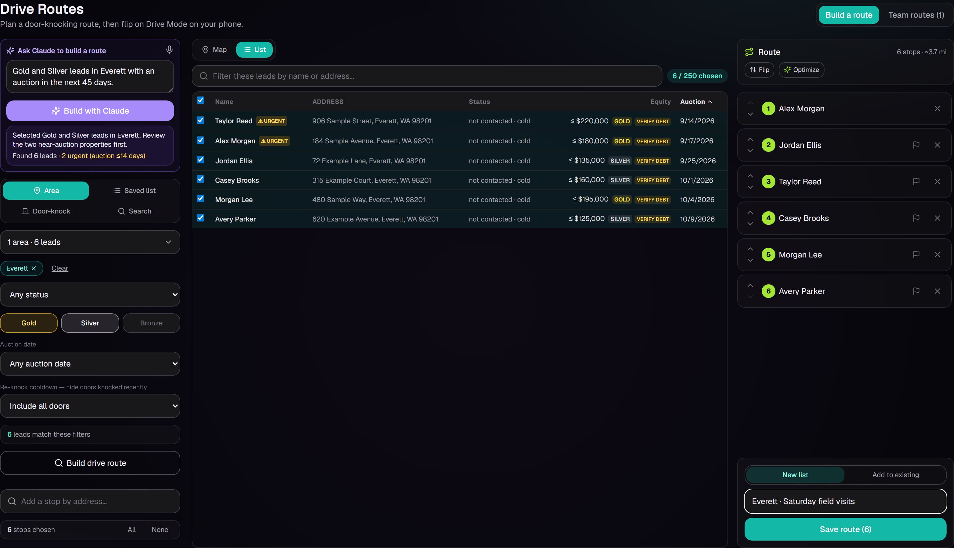 Actual SetMate drive-route planner with fictional route stops and demo planning output