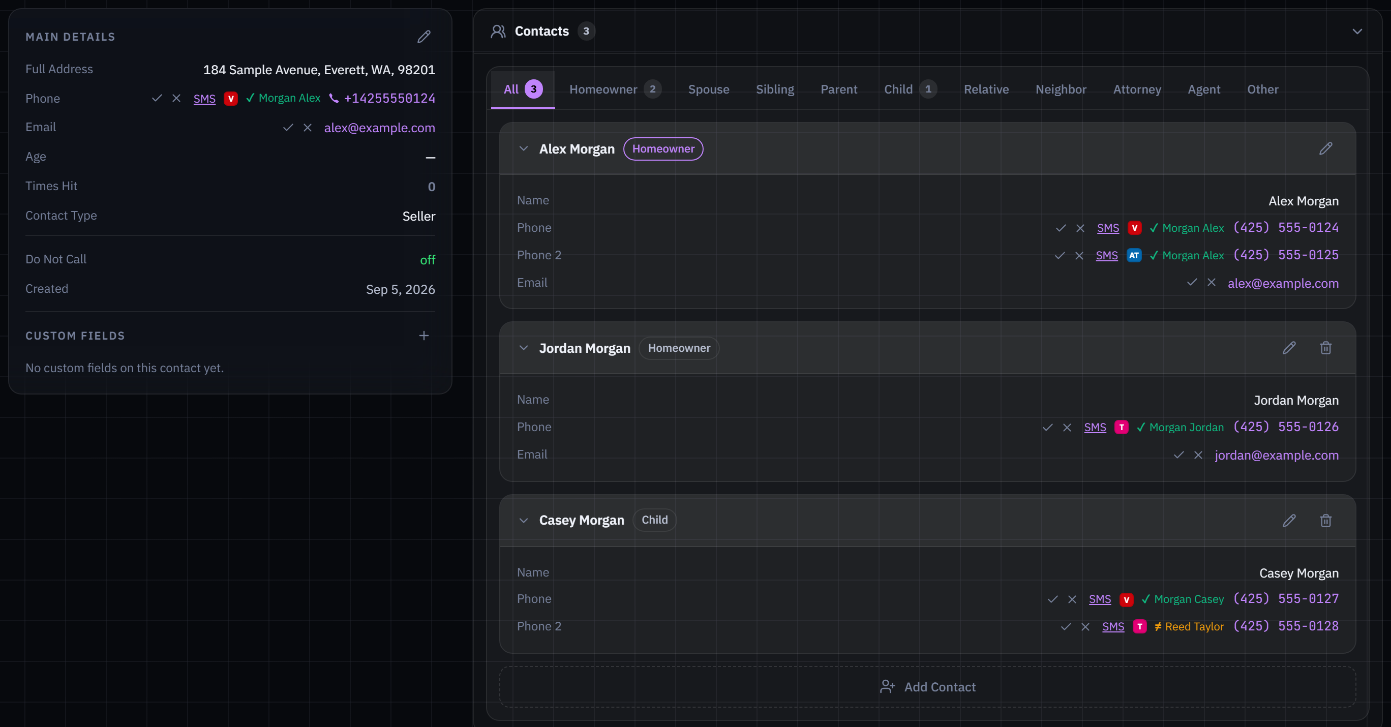 Actual SetMate property record with fictional owner and related contacts, multiple phone numbers, CNAM caller names and carrier badges.