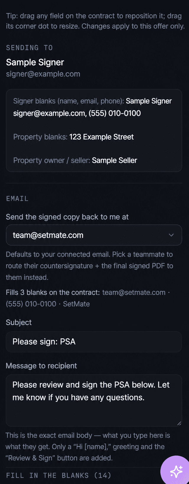 SetMate agreement send screen with sample signer, property, email, and message fields