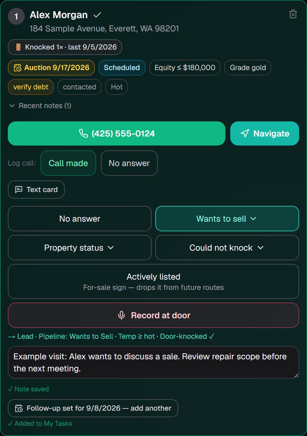 Actual SetMate route-stop screen showing fictional property and sale context