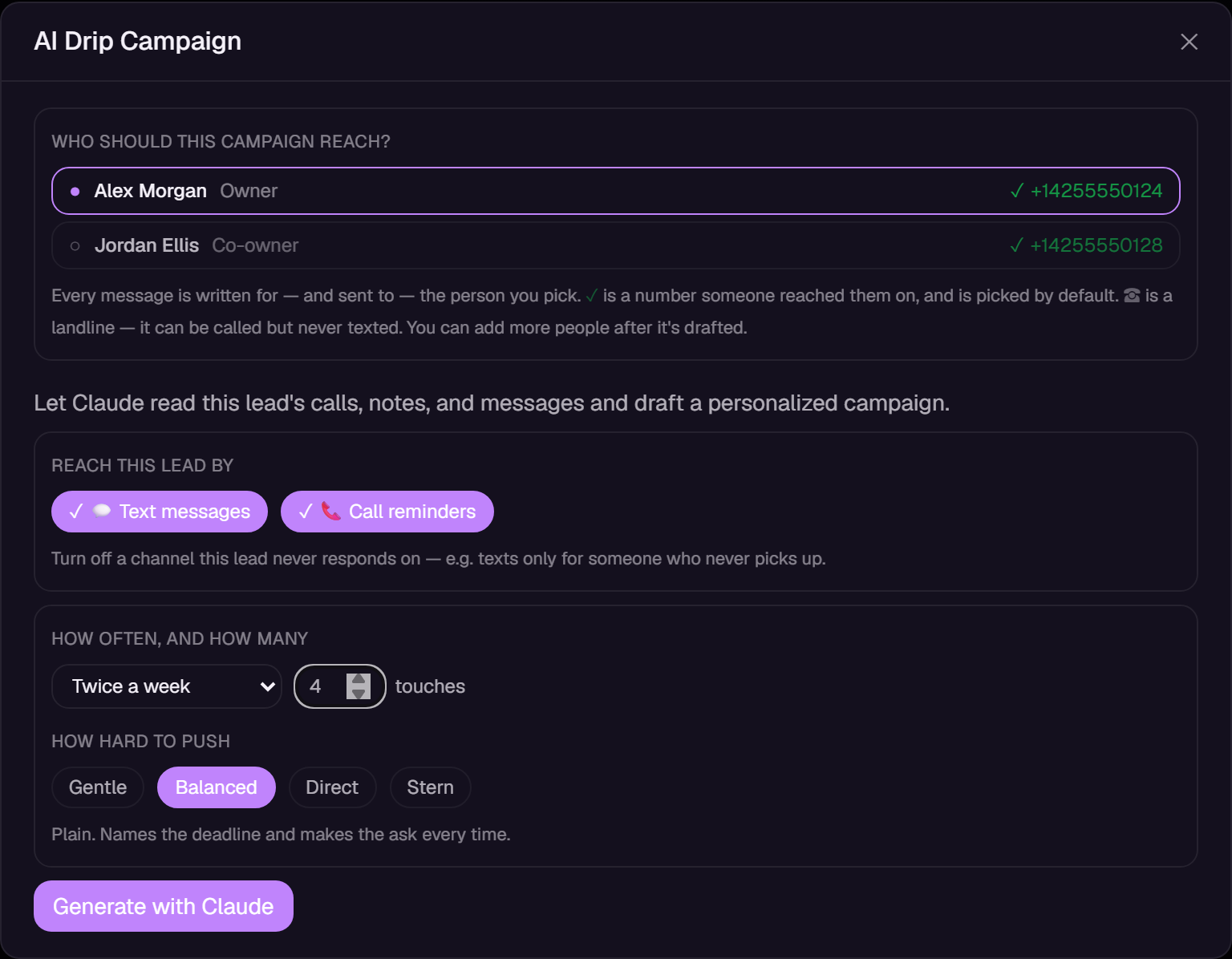 Actual SetMate personalized-drip review screen using fictional lead data